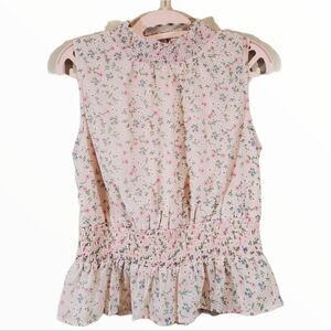 Japna Mock Neck Romantic Dainty Floral Pink Sleeveless Smocked Peplum Blouse